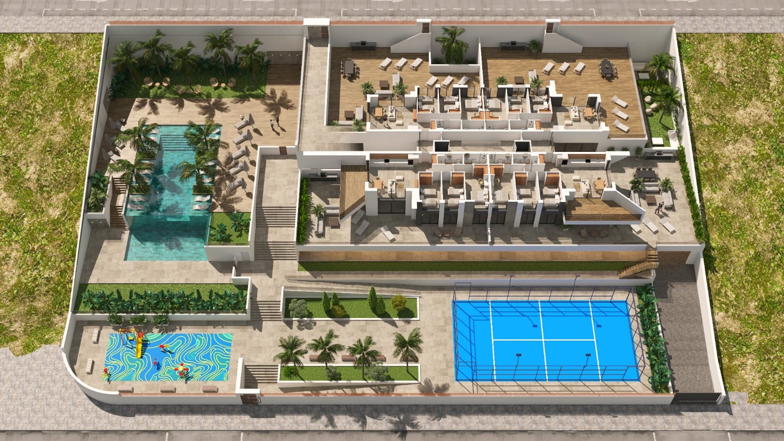 Villajoyosa Residence, project visualisation: the master plan with pool, padel court, planting and seating areas