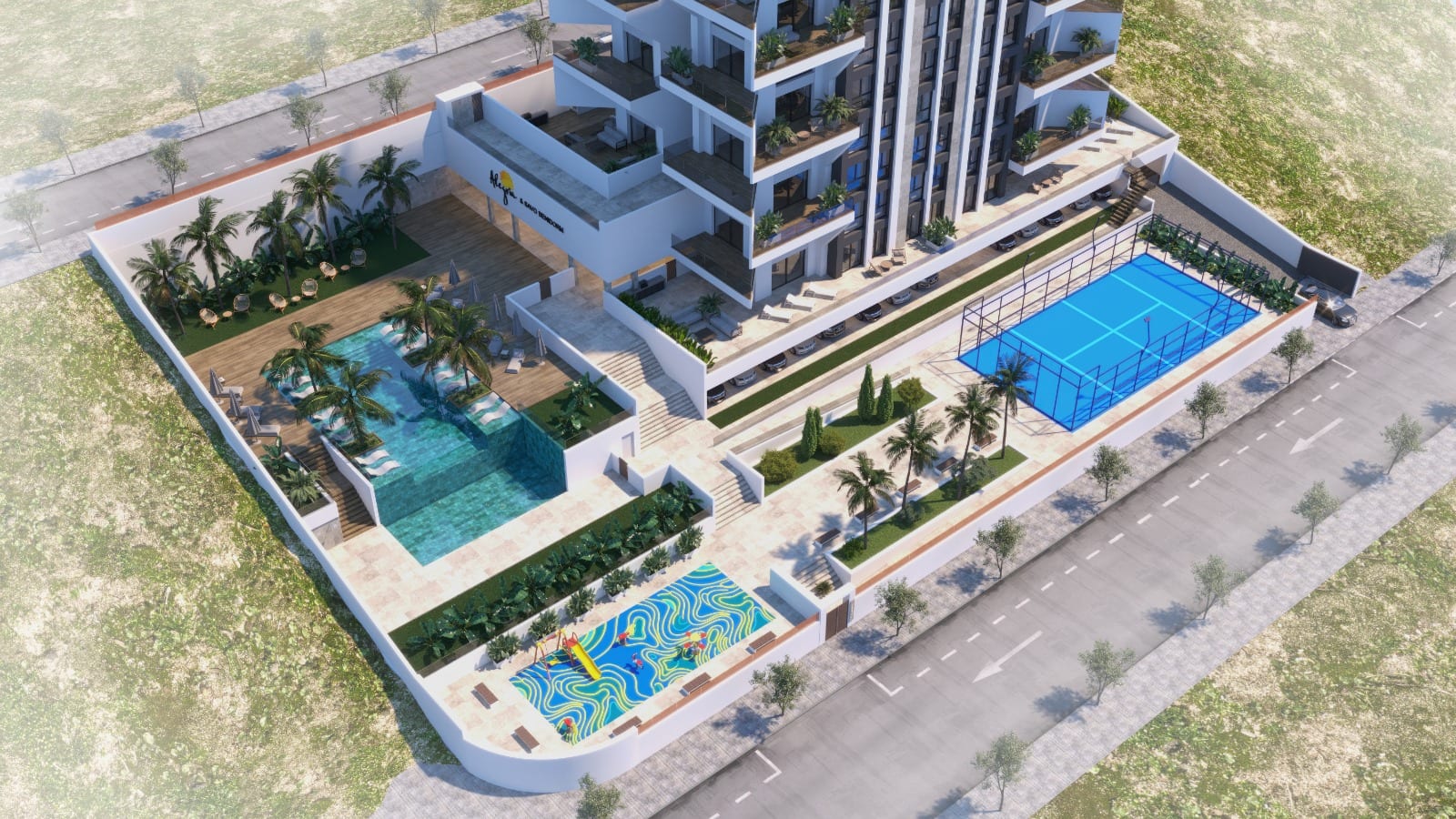 Villajoyosa Residence, project visualisation: the building with its pool terrace and padel court seen from the air