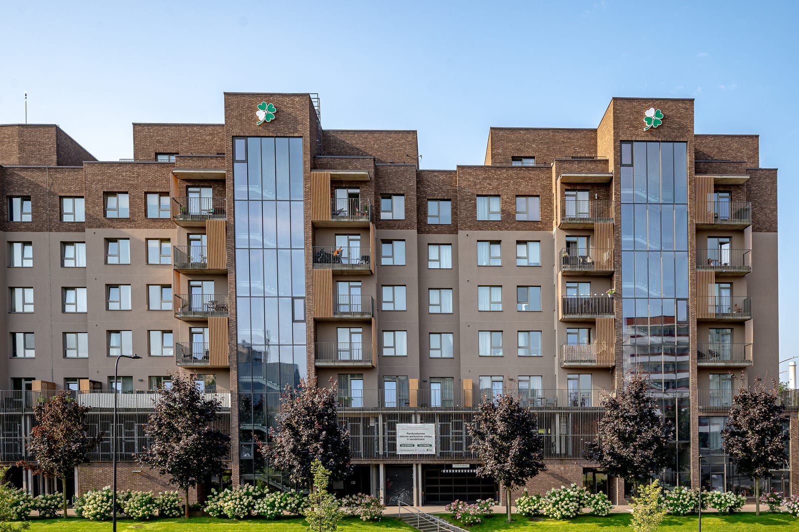 The SAVO building on Gerosios Vilties street in Vilnius seen from the front, with its two glazed stair towers